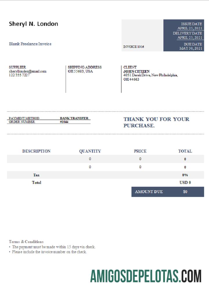 Fatura Sheryl N. Londres dos EUA amostra